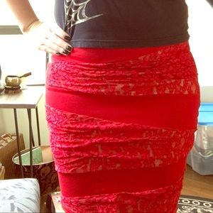 Red lace panel body con skirt